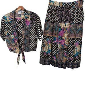 Vtg Koret 10 Petite Skirt Shirt Outfit Set Short Slv Black Floral Blouse Crop